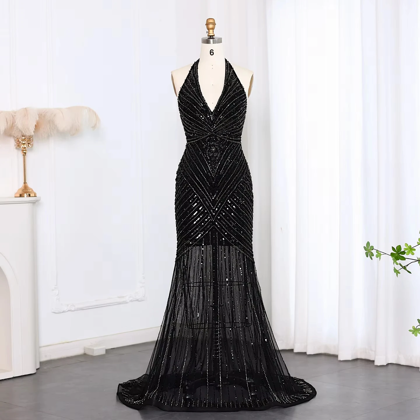 Customized Sexy Halter Open Back Mermaid Black Luxury Beaded Evening Prom Dresses For Women Silver Nude Long Party Gowns Lsz013