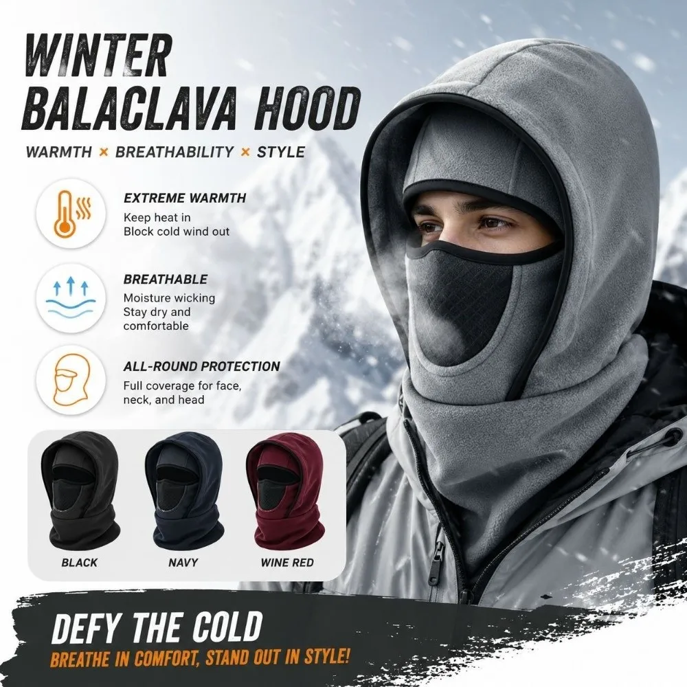 Fleece Lining Winter Balaclava Hat Thermal Insulation Windproof Face Neck Warmer Coldproof Breathable Full Face Neck Cover