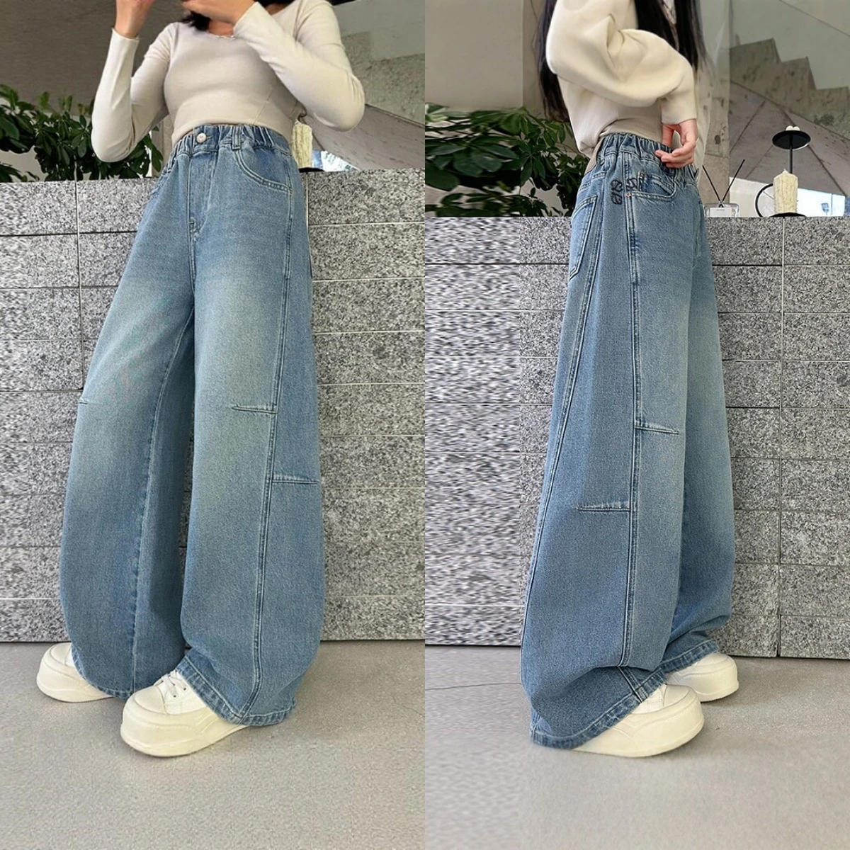Neue Wide-Leg-Jeans für Teenager-Mädchen, Frühling und Herbst, koreanische, lässige, blaue Denim-Hose im Retro-Stil, modische Hose mit elastischem Bund für Kinder