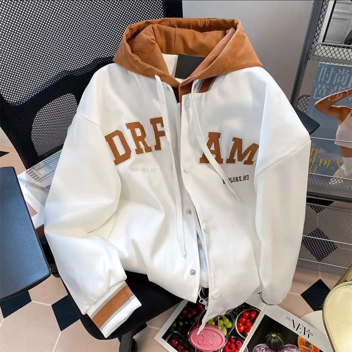 Y2K New Retro Fake Two Piece Coat American Color blocked Design Hoodie Baseball Jacket Street Hip Hop Harajuku Loose Couple Coat