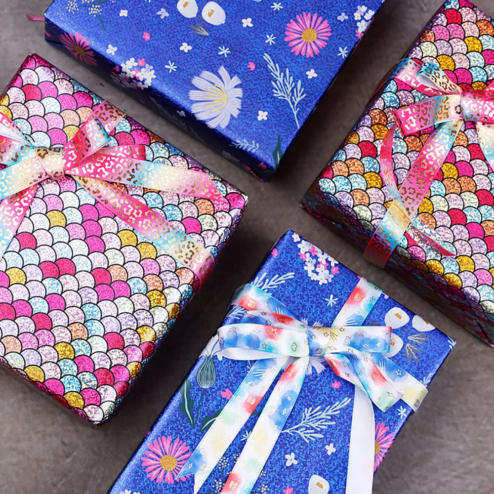 43x300cm Birthday Gift Wrapping Paper Laser Colorful Fish Scale Flower Pattern Gift Packaging Paper Birthday Party Decor Paper