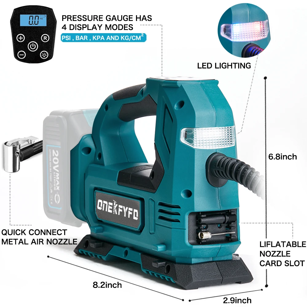 ONEKFYineau-Compresseur d'air de voiture numérique portable, pompe à air sans fil, gonfleur électrique avec indicateur pour Makita sans batterie