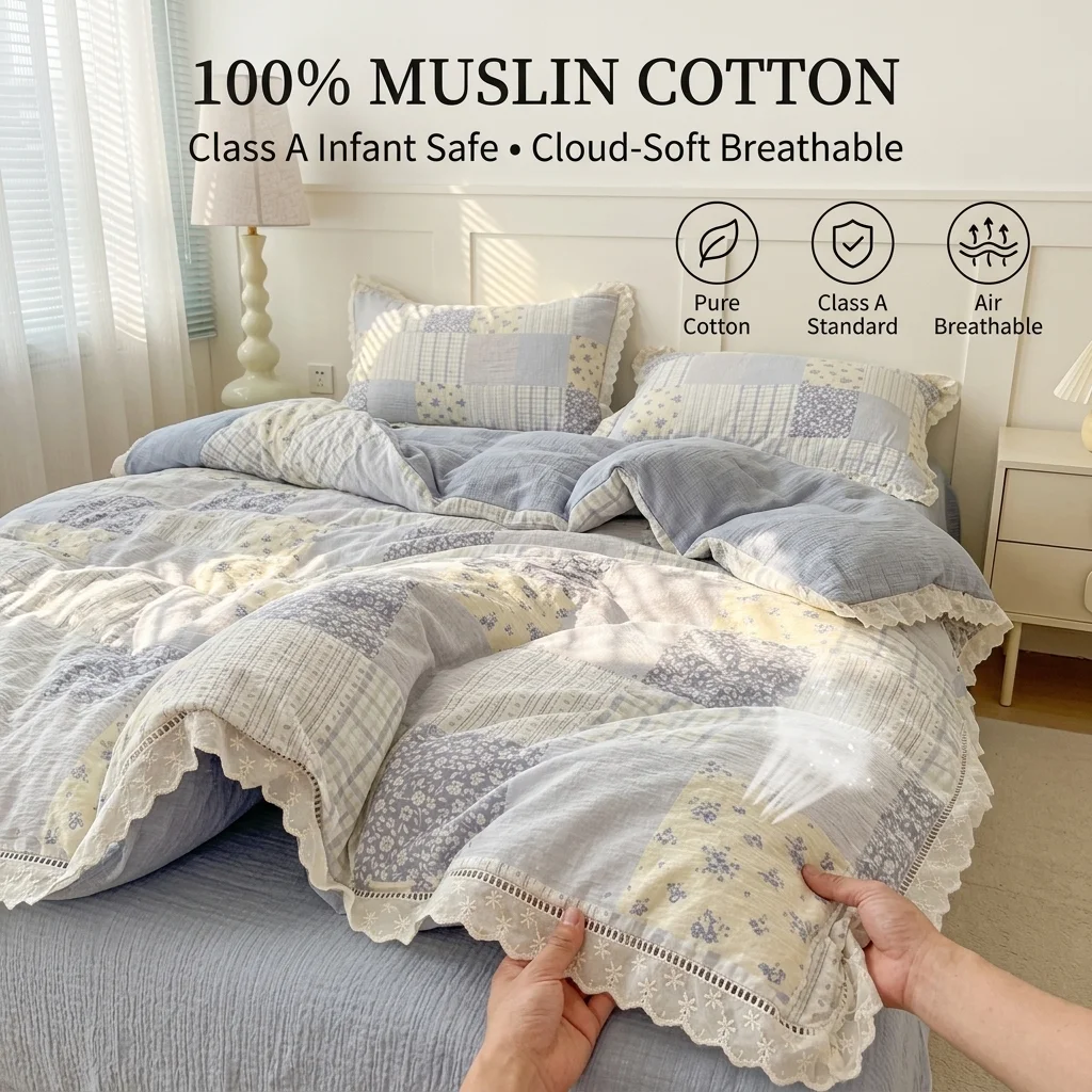 Luxury 100% Cotton 4Pcs Bedding Set High Quality Floral Quilt Cover Sheet Pillowcase Class A Soft Double Gauze Linen 200x230