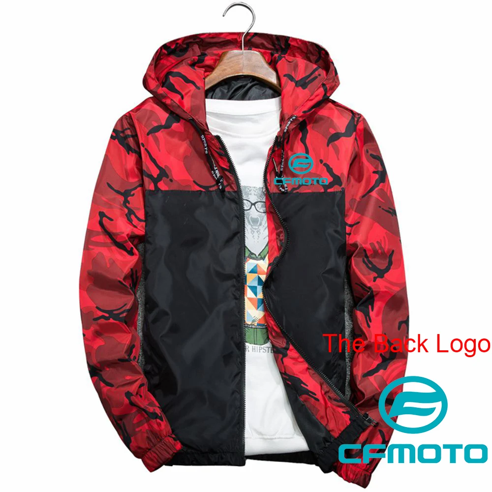 2025 春と秋のメンズ CFmoto ロゴプリントスリム迷彩ジャケット防風防水フード付きコートアウトドアスポーツパーカー