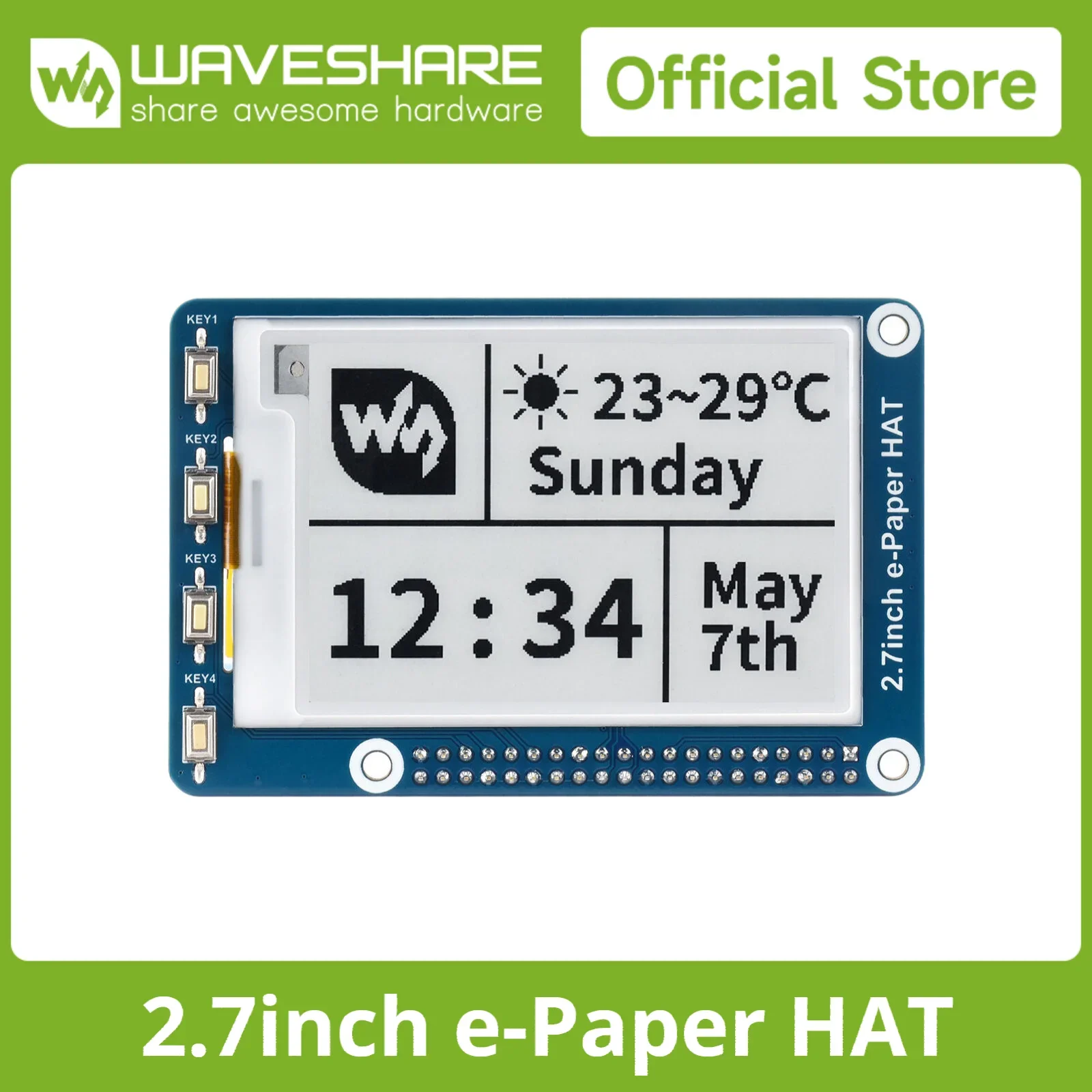 

Waveshare 2,7-дюймовый дисплей E-Ink HAT для Raspberry Pi 2B/3B/3B+/Zero/Zero черный/белый электронная бумага SPI-интерфейс со сверхнизким потреблением