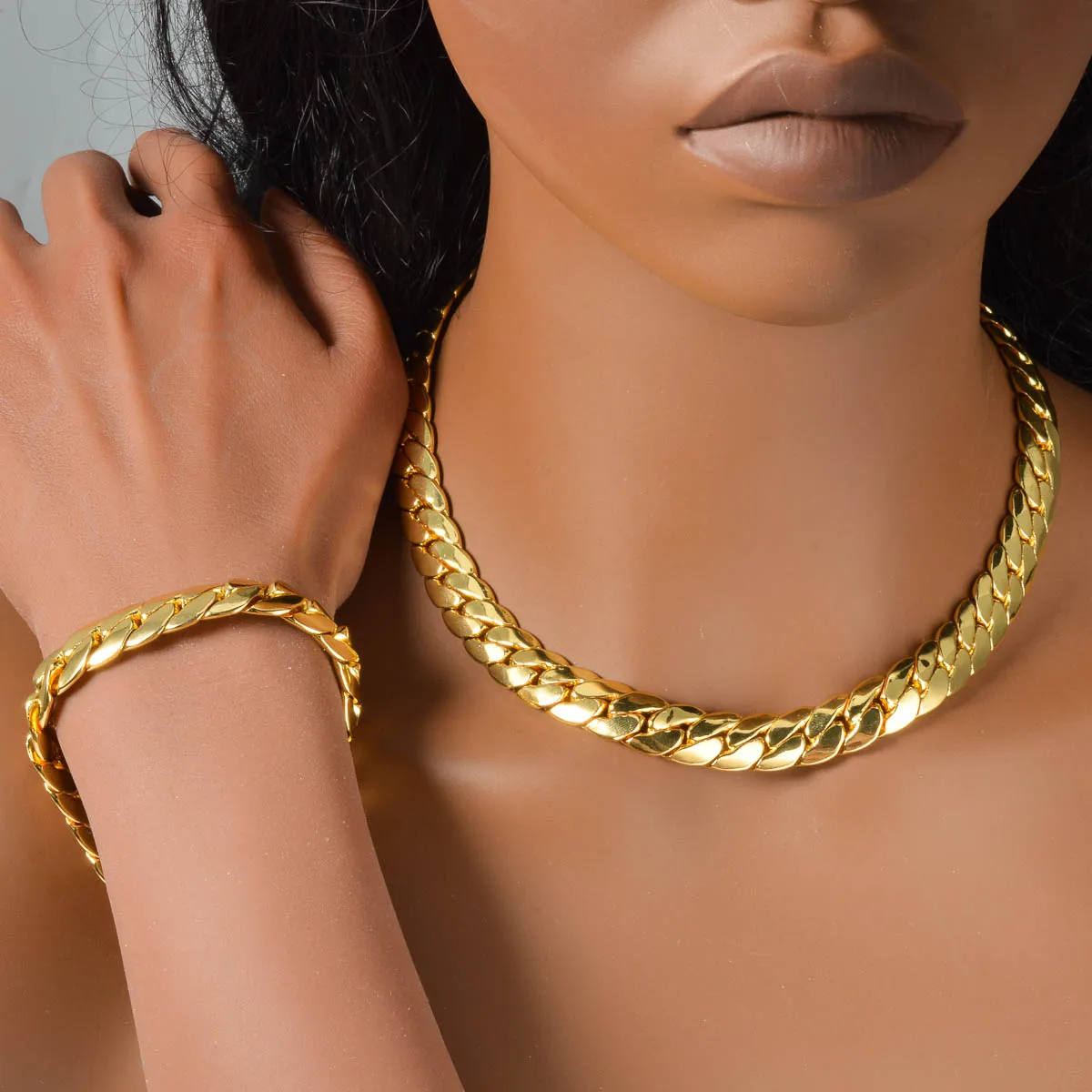 18K Gold Plated Thick Cuban Link Necklace Bracelet Set Anti-fade Chunky Miami Chain Jewelry Set Hip Hop Statement Accessories