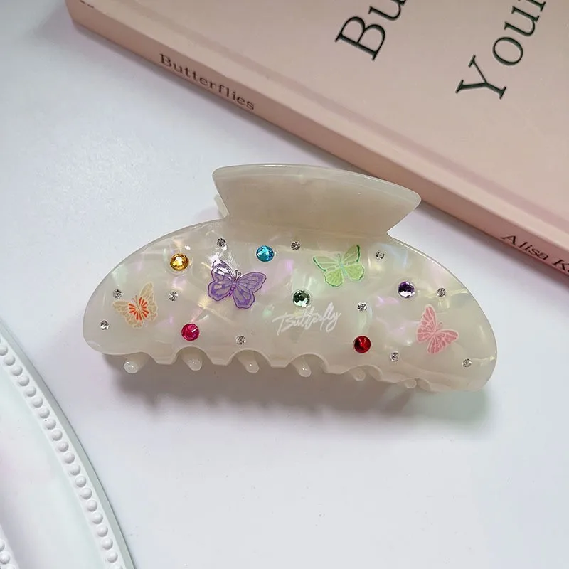 Muweordy New Butterfly Painted Hair Clip Vintage Rhinestone Acetate Claw Clip Inlaid Diamond Spring Clip Hair Accessories