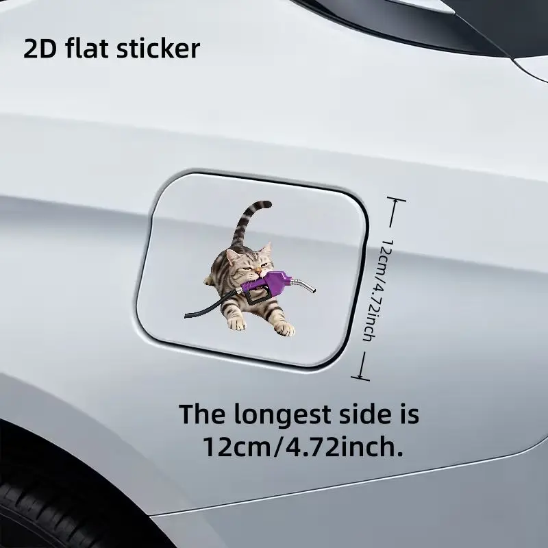2D Flat Funny Tabby Cat Bite Purple Fuel Nozzle Waterproof Sticker For Car Fuel Tank Cap Decor