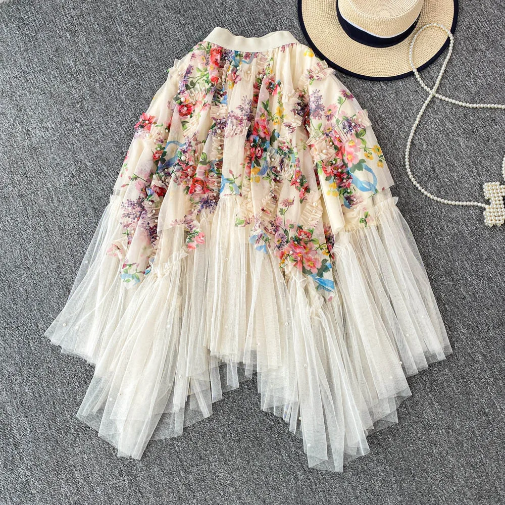 Elegant French Retro Beaded Sweet Printed Gauze Korean Floral A-line Skirt Women's Summer High Waist Irregular Princess Skirts