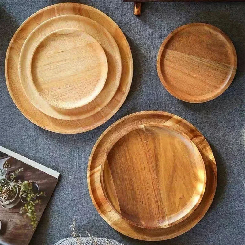 1PC Natural Wooden Tray Round Simple Serving Tray Retro Wood Plates Fruit Dessert Plate Snack Fruit Platter Food Plate Dish