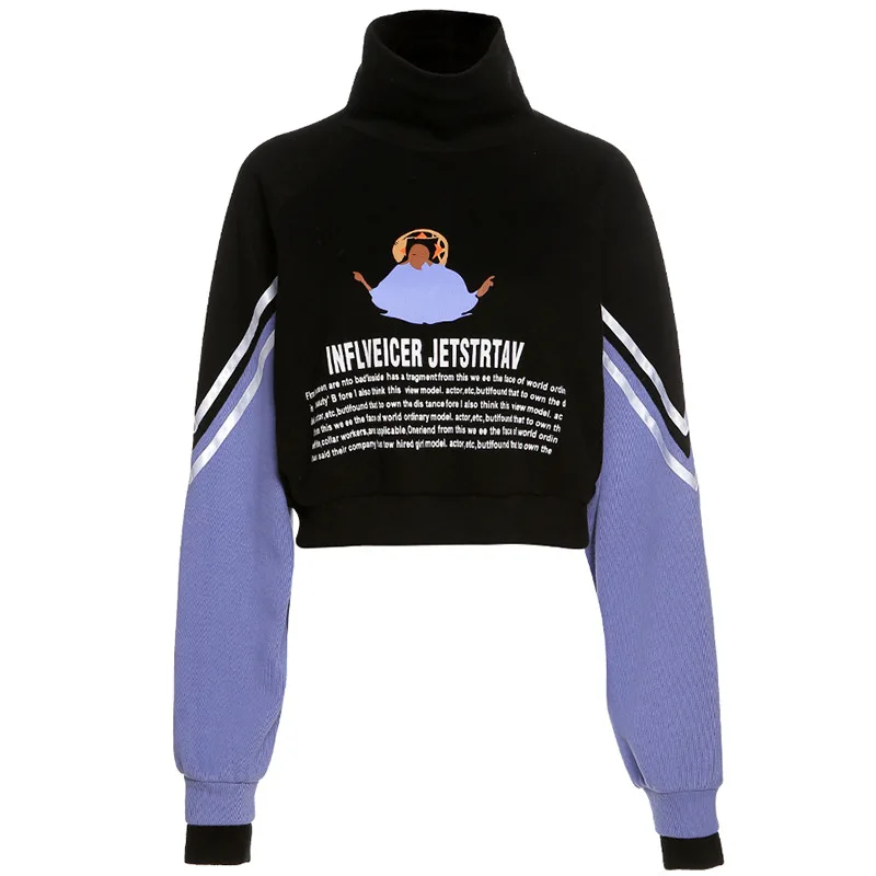 Autumn Winter Print Hooded Hip-hop Women's Korean Plus Thick High-neck Stitching Short Sweatshirt Streetwear Baggy Pullover