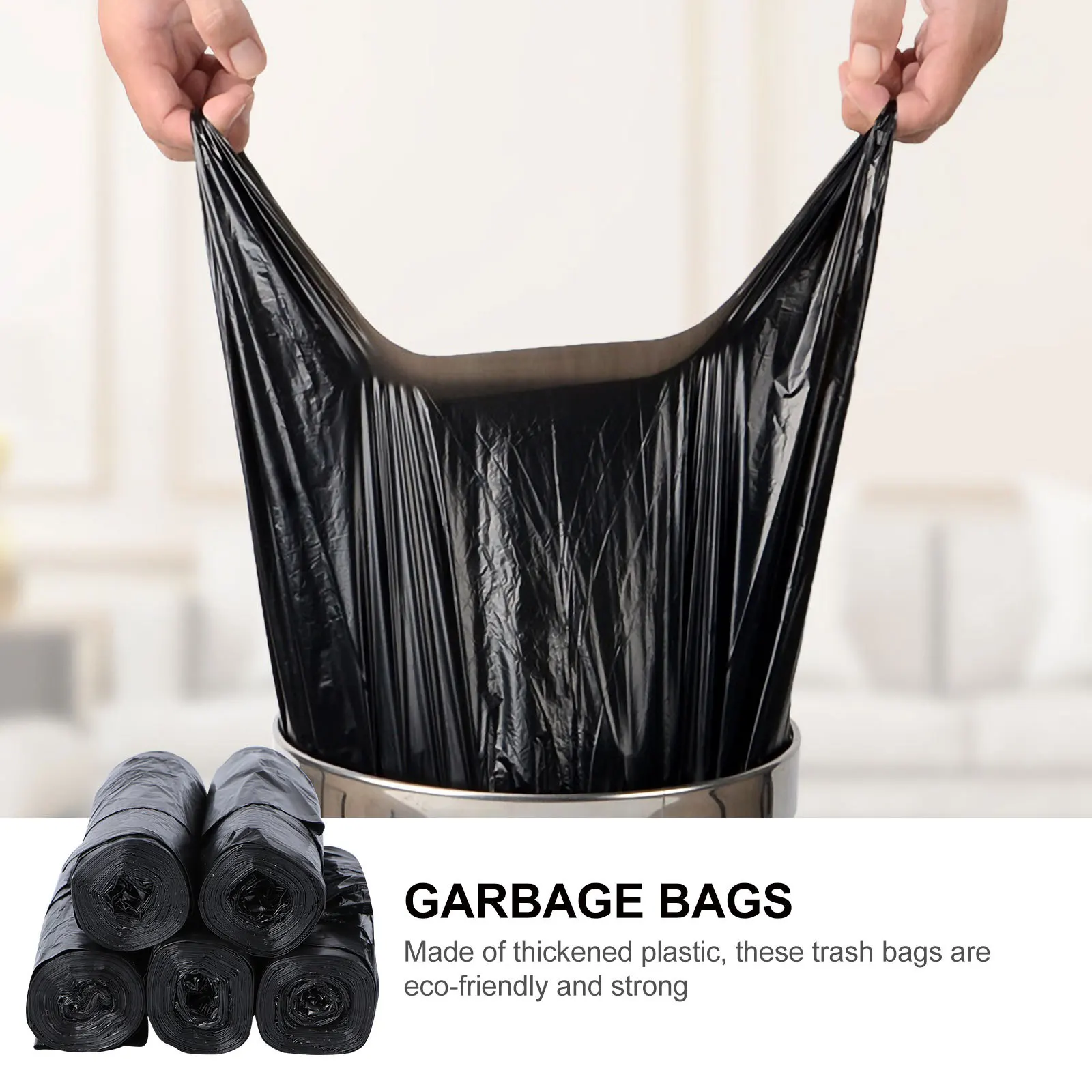 

5 Rolls Handled Portable Trash Bags Black Thickened Leakproof Strong Garbage Rubbish Bags Large Capacity for Kitchen Home Office