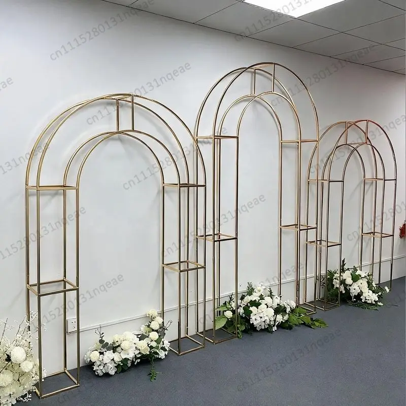 Gold Metal Arched Wedding Background Bracket, Stage Decoration Props, Floral Fabric Hanging Ceremony Arrangement