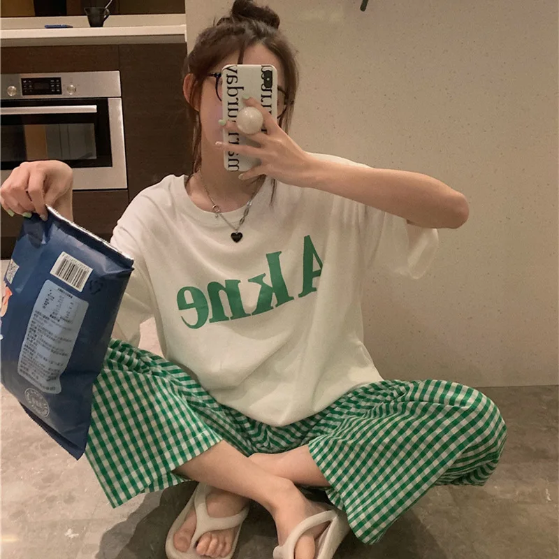 Women's Summer New Pajamas Loungewear Set Women's Short Sleeve Loose Loungewear Can Be Worn Outside Japanese Casual Plaid Suit