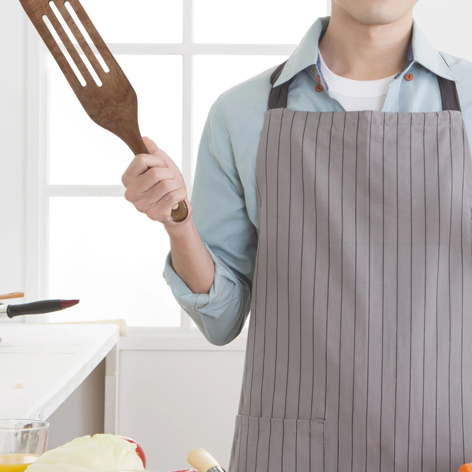 ملعقة مطبخ خشبية بمقبض طويل، سبورتل مشقوق لتحريك الخلط والقلي، ملعقة طبخ خشبية، تجهيزات المطابخ غير اللاصقة