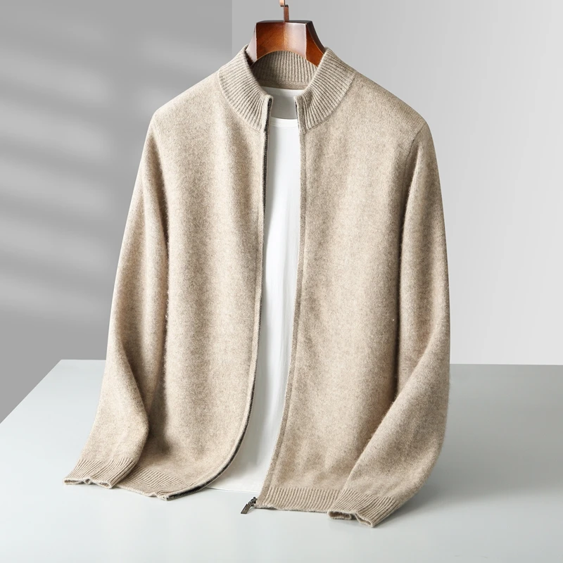 Fall/Winter New Men's 100% Pure Wool Half-high Neck Zipper Thickened Cardigan Jacket Knitted Sweater Jacket