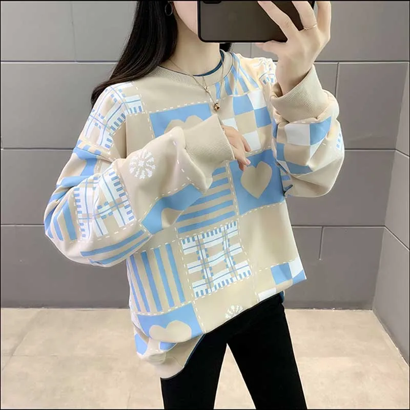 Sweet O-Neck Printed Loose All-match Sweatshirts Female Clothing 2023 Autumn Winter Oversized Korean Tops Casual Sweatshirts
