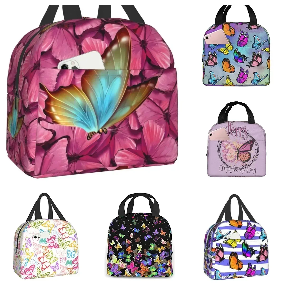 Bolsa de almuerzo con aislamiento de mariposa de colores rosas, bolsas de almuerzo portátiles para niñas y mujeres, fiambrera reutilizable a prueba de fugas, Picnic, viaje, trabajo