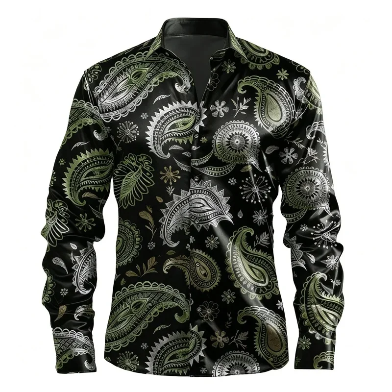 Men's Black Red Orange Paisley Floral Print Long Sleeve Shirt Silky Lapel Tops For Dating Festival Party Casual Outfit