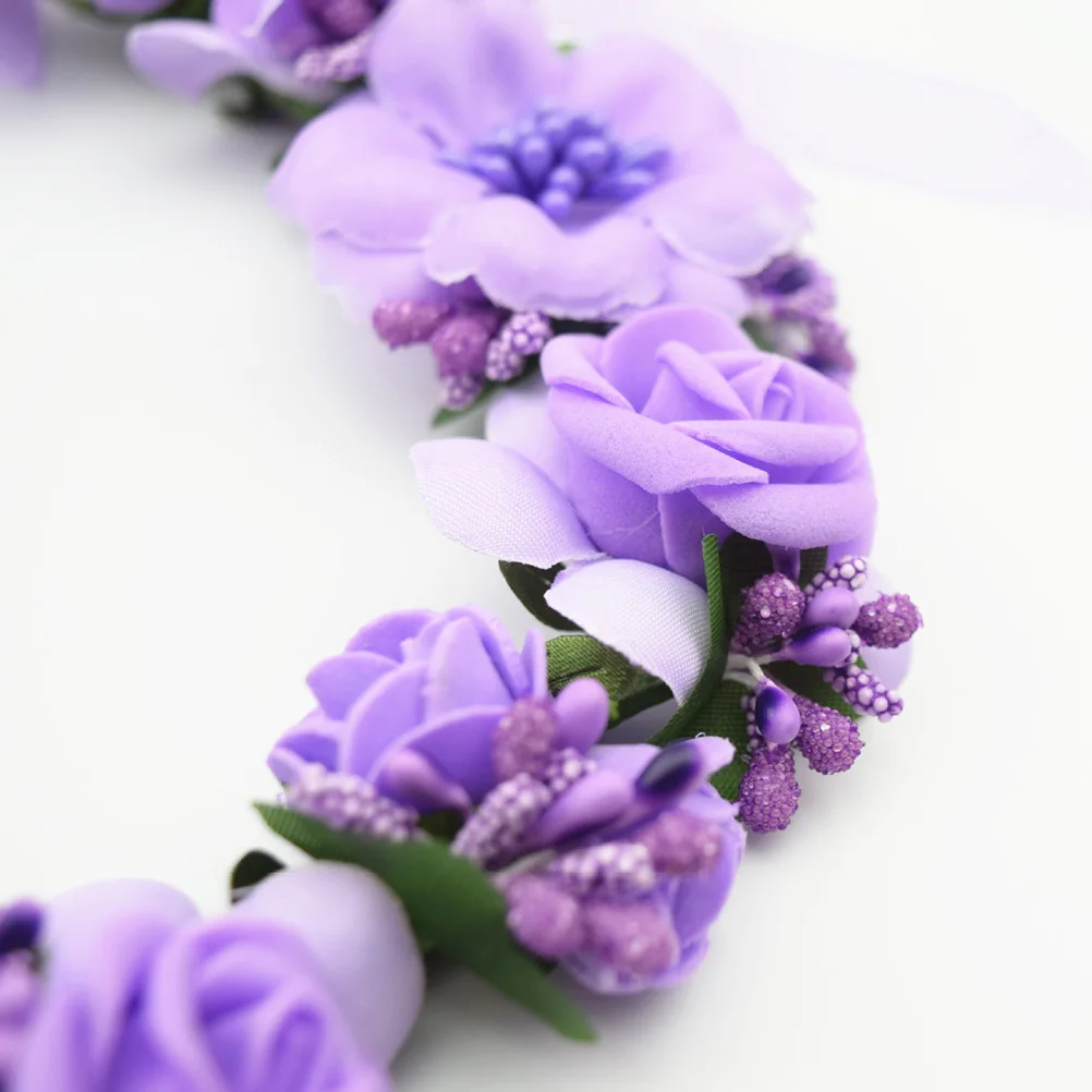

Floral Headband with Adjustable Ribbon Elegant Crown for Wedding Bridal Bridesmaid Beach Party Photo Prop Purple