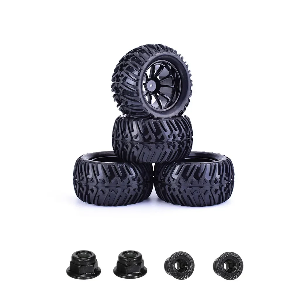 4pcs 125mm Rubber 1/10 RC Monster Truck Tires and Wheel Rims 12mm Hex With Nylon 4mm Lock Nuts For Trxs Himoto HSP HPI Redcat