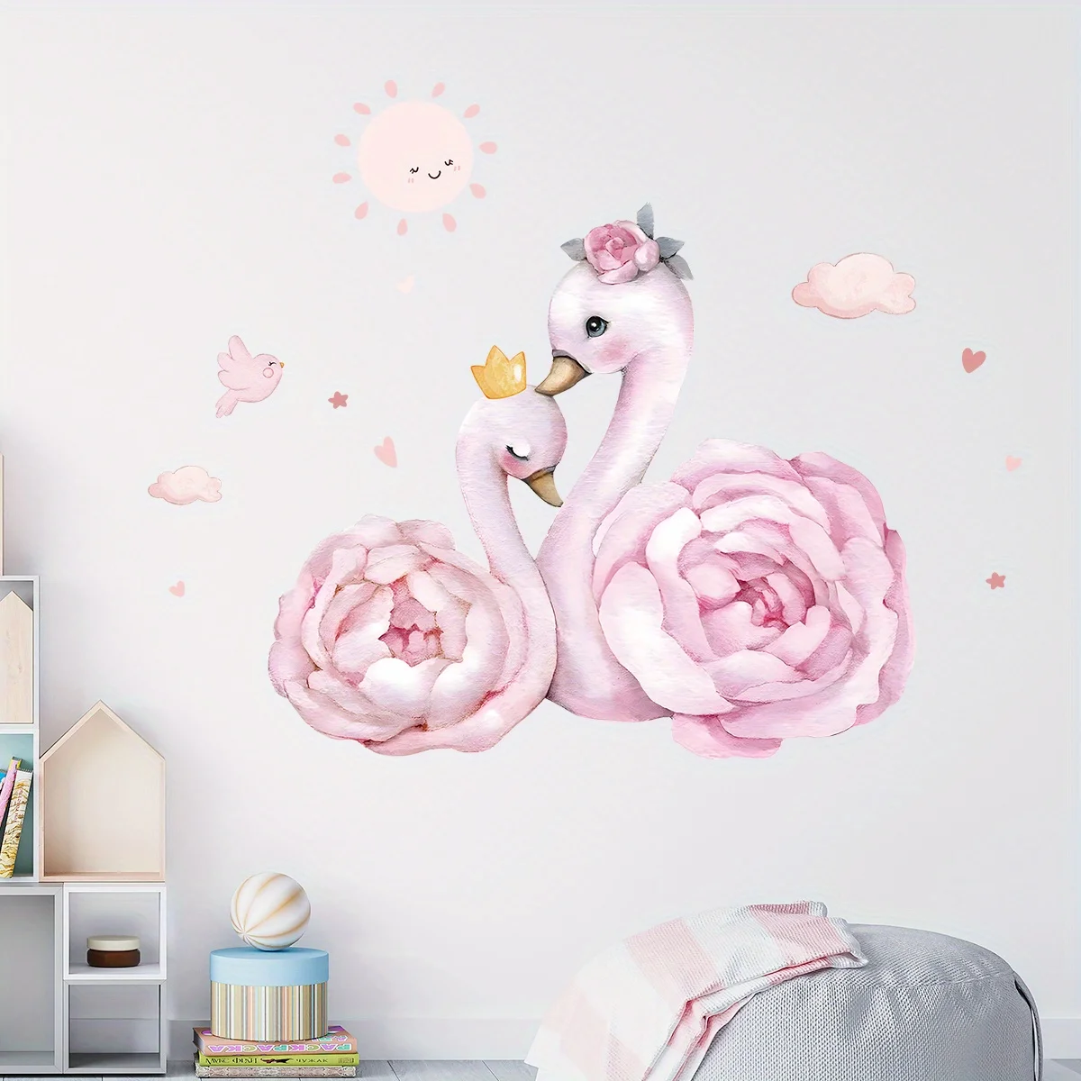 Cartoon Cute Pink Swan Bird Cloud Animal Wall Stickers Removable for Bedroom Living Room Nursery Decoration Wall Decals