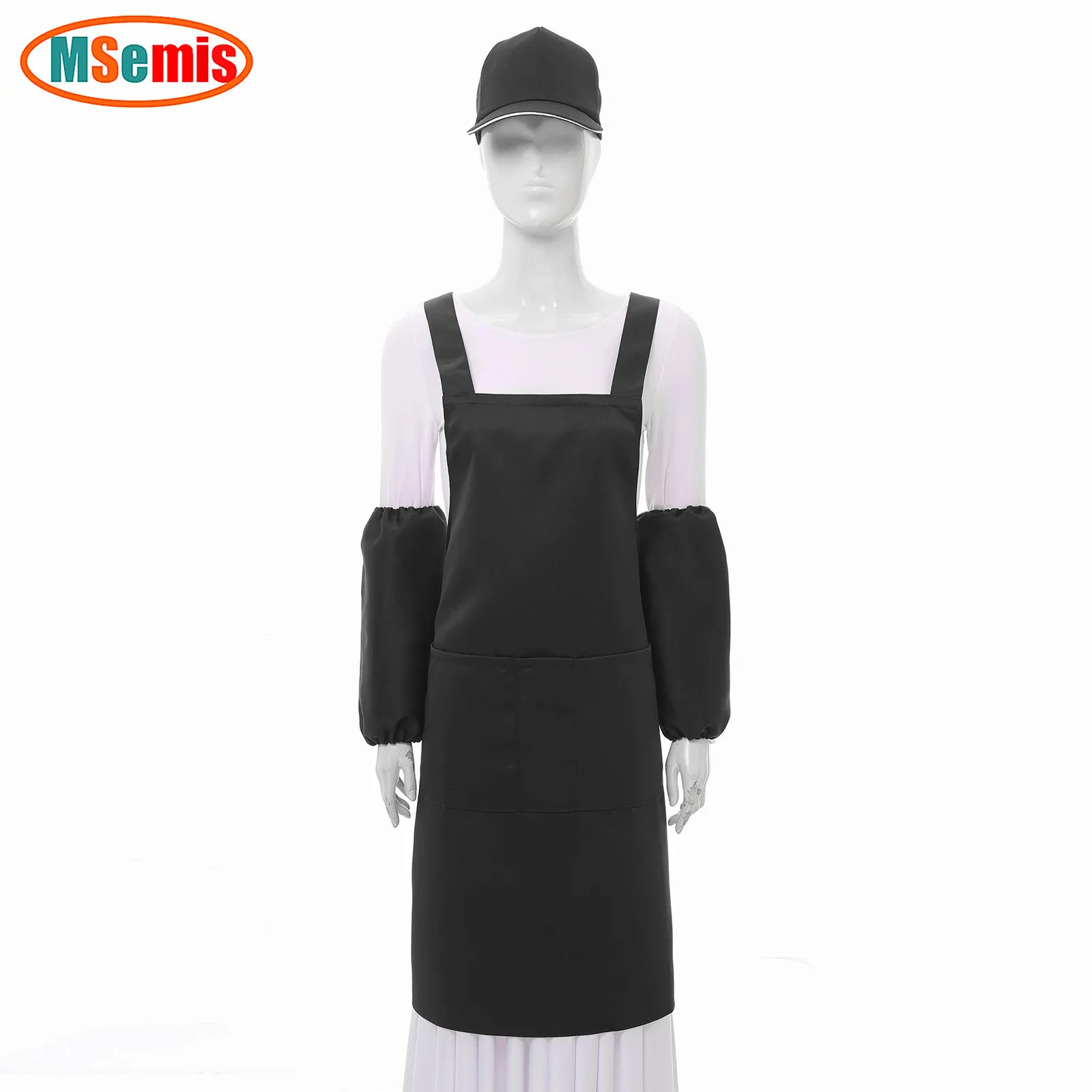 

Solid Color Apron Hat Oversleeves Fashionable Three Piece Set Catering Supermarket Milk Tea Shop Work Costume Accessory