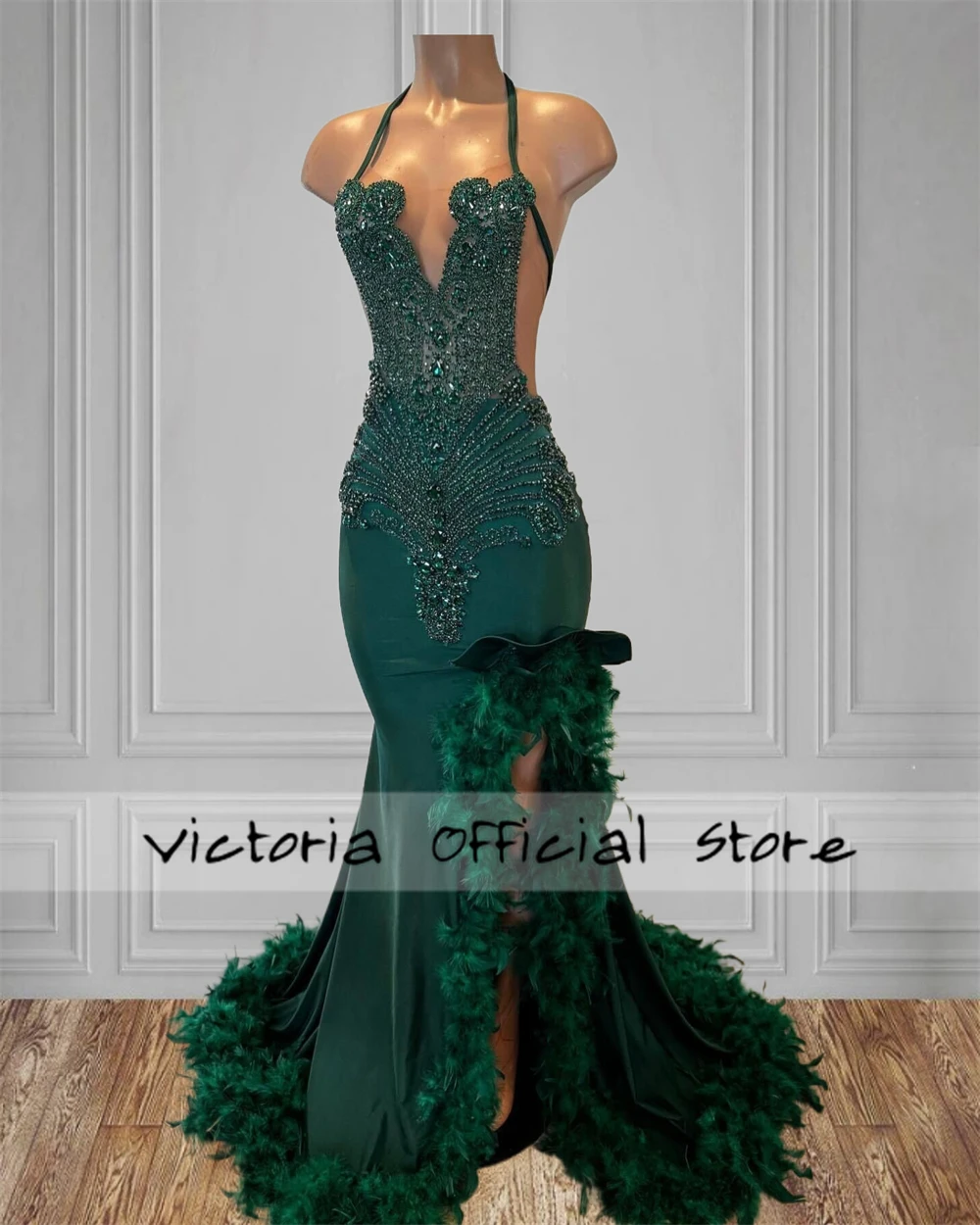 Vestido largo de fiesta de graduación para niñas negras, plumas verdes esmeralda, diamantes de imitación divididos, Halter, Mermiad, cumpleaños