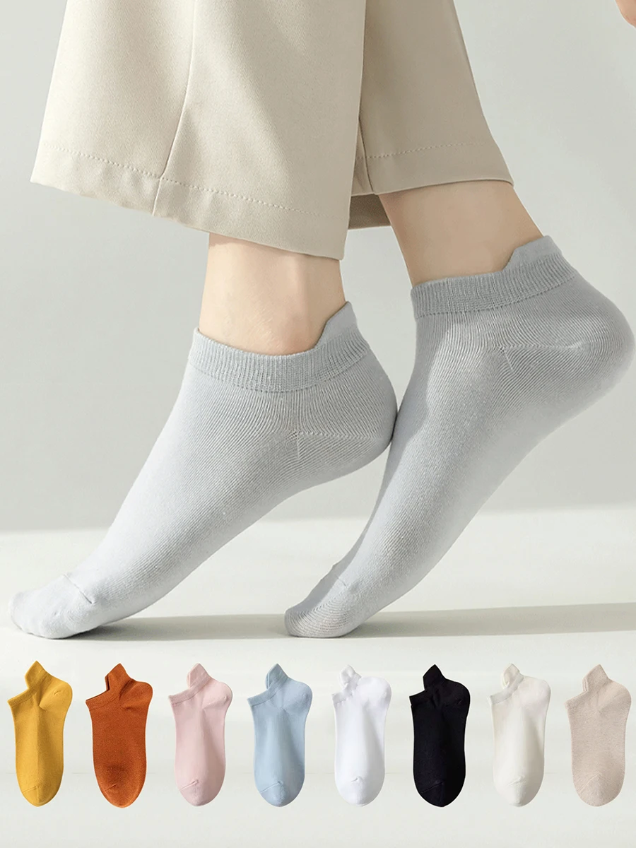 

5 Pairs Of Women's Thin Spring And Summer Solid Color Shallow Mouth Trendy Ear Lifting And Non Slip Socks