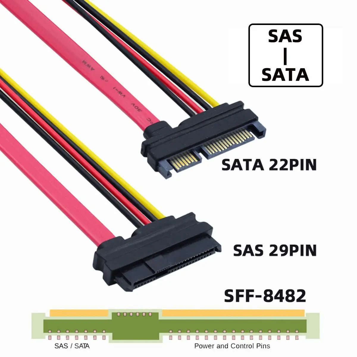 Unidirectional SFF‑8482 SAS‑to‑SATA HDD Extension Cable, 29Pin SAS to 22Pin SATA with 22Pin SATA Power Port, No Built‑in Chip