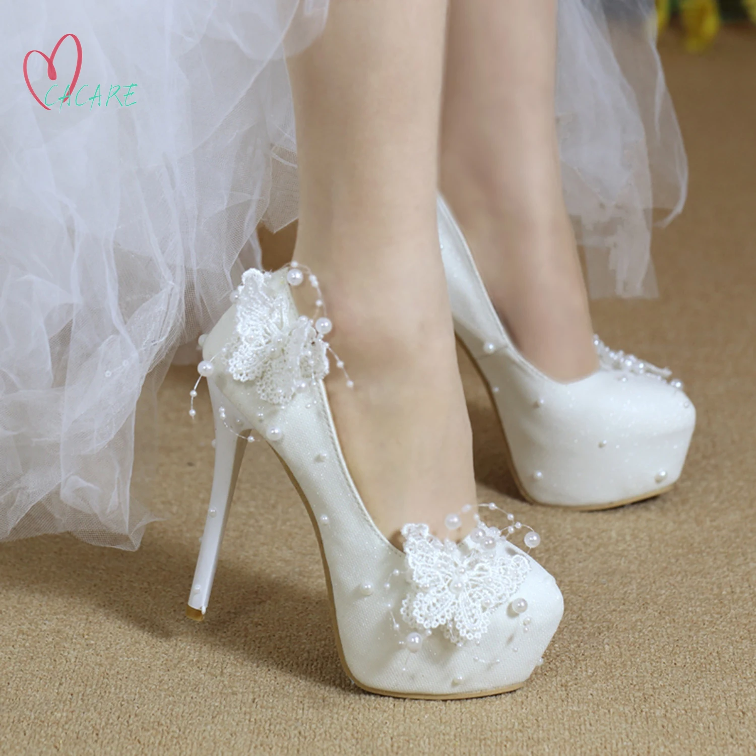 

CACARE Luxury Wedding Shoes Pearl Lace Platform High Heels Bridal Party Shoes Cinderella Pumps Supplies Decoration F0503