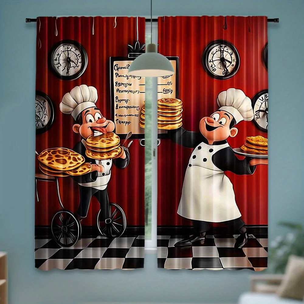 Cartoon Chef Baking Waffles Blackout Curtains - Funny Kitchen Cooking Print Window Drapes for Restaurant Home Decor