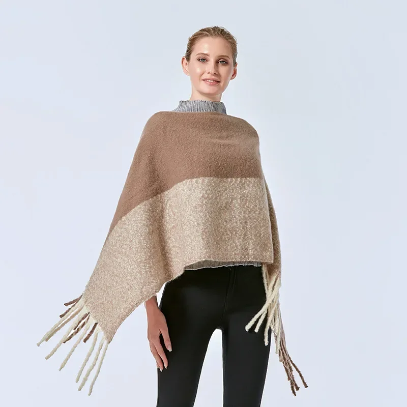 2025 Spring Autumn New Women Wear European American Shawl Cloak Tassel Color Matching Lady Coat Pullover Beige