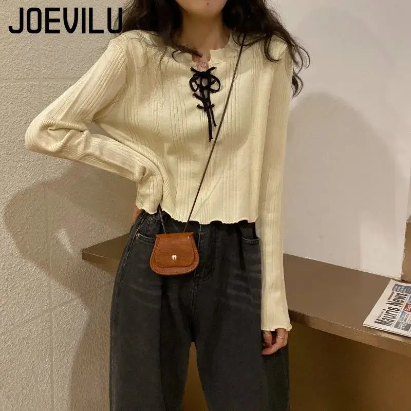 JOEVILU Lace-up Knitted T-shirt Ear Edge Long Sleeve Crop Top Women Korean Simple Pit Stripe Y2k Tee Spring and Autumn Pullovers