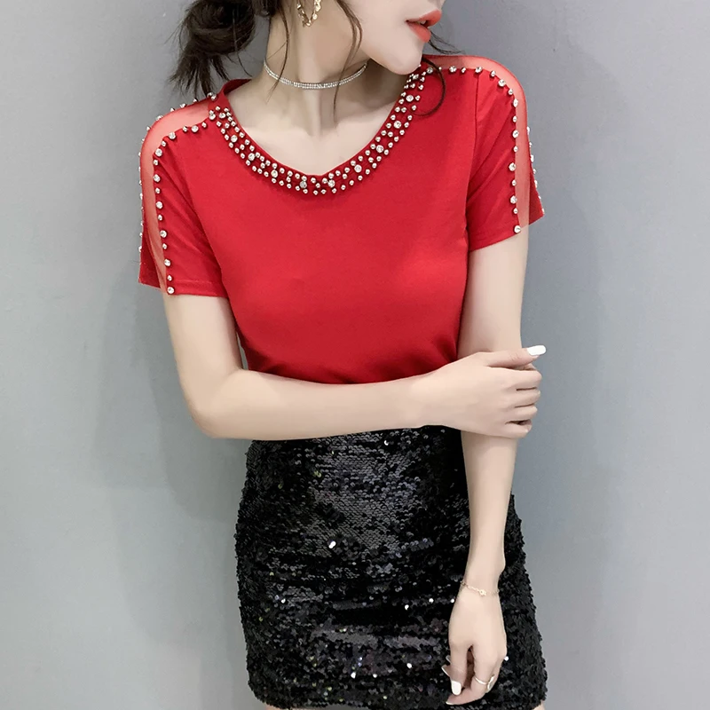 New Korean Fashion Diamond Tops Summer Short sleeved Women Tees Round Neck Patchwork Mesh T-shirt