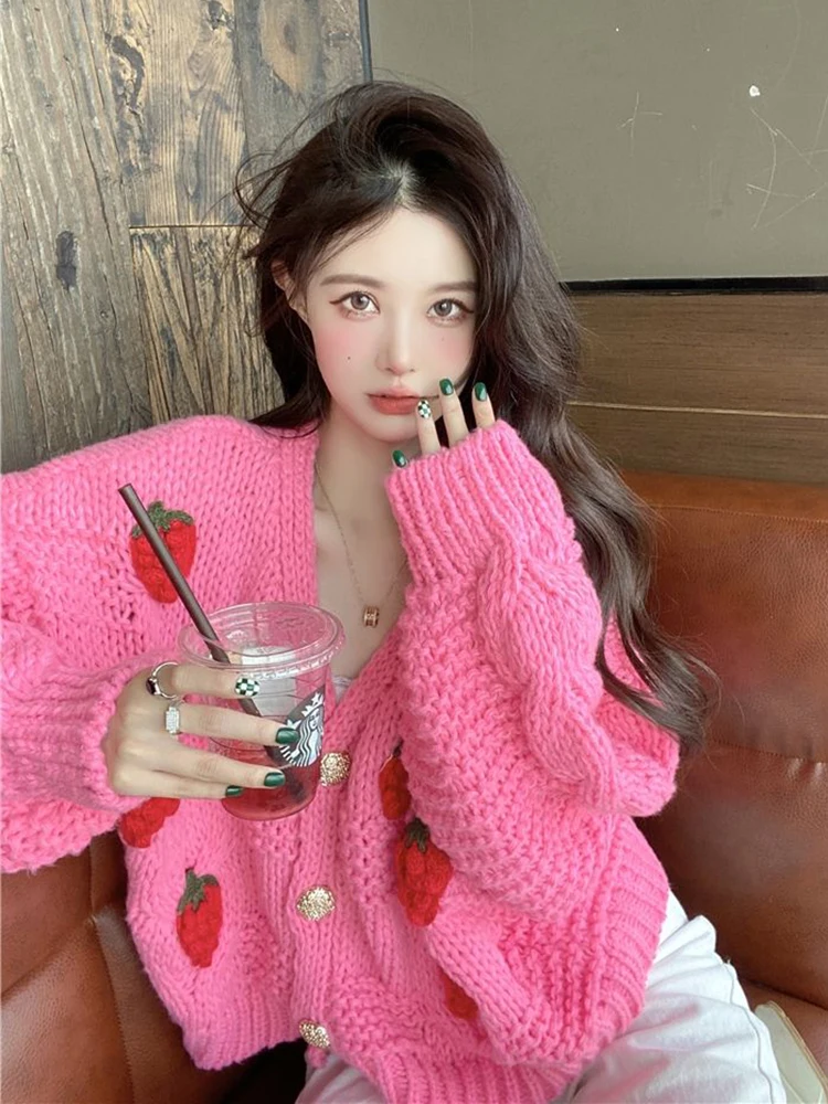 Zoki 3D Strawberry Sweet Cardigan Women Loose Long Sleeve Fashion Knitted Sweaters Korean Lazy Wind Casual Female Soft Cardigans