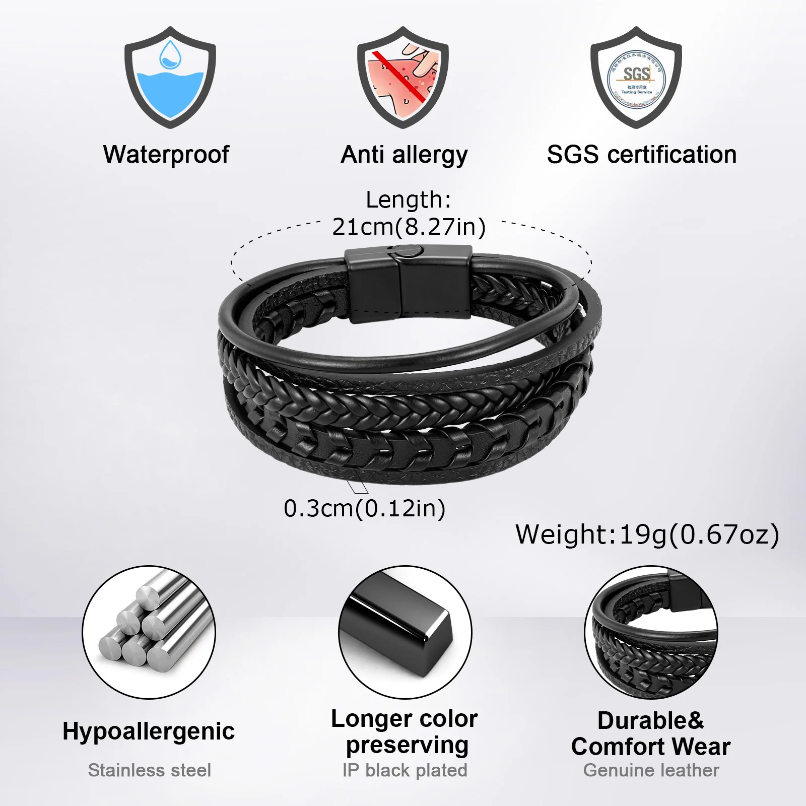 Vnox Herren Lederarmband, mehrschichtig geflochten, mit Magnetverschluss, Vintage-Punk-Stil, handgefertigter Modeschmuck, Geschenk für den täglichen Gebrauch. – Detail 3