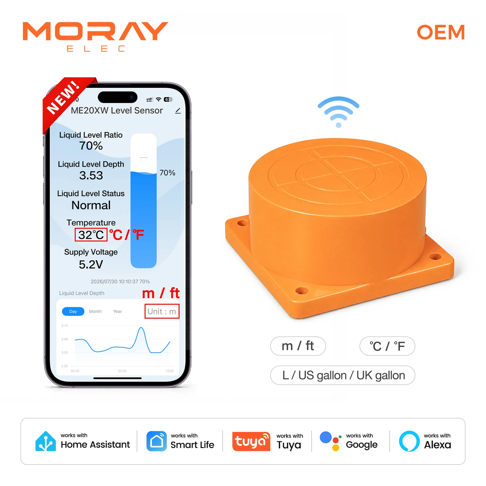 Moray ME201W Tuya WIFI 5m Draadloze Mobiele M/ft Watertank Niveaumeter Ultrasone Tankniveausensor