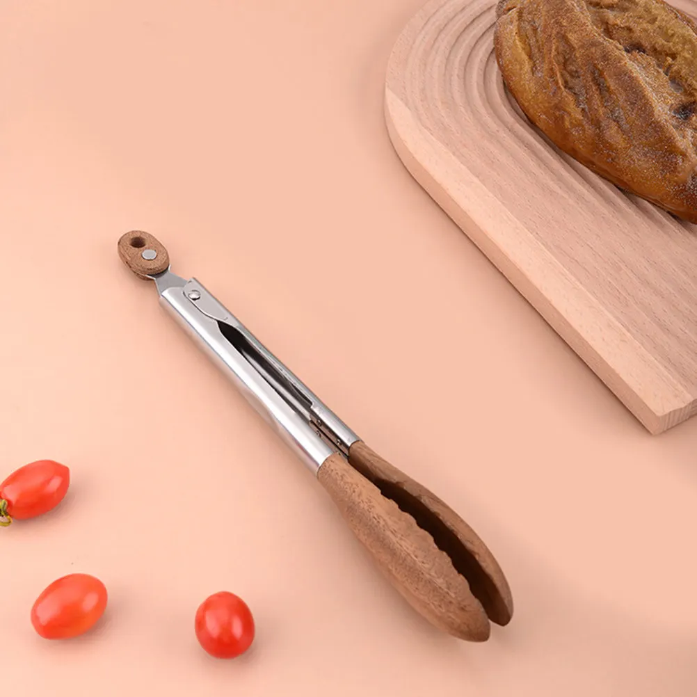 Walnut Wood Stainless Steel Food Tongs Space Saving Locking Design for Salad BBQ Grilling Buffet Cooking