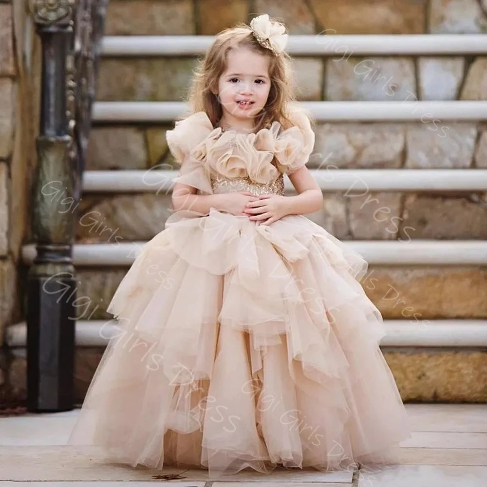 Vestido de princesa champán para niñas con flores hechas a mano en 3D, vestido de baile esponjoso, vestido de niña de flores de tul escalonado, vestido de fiesta personalizado