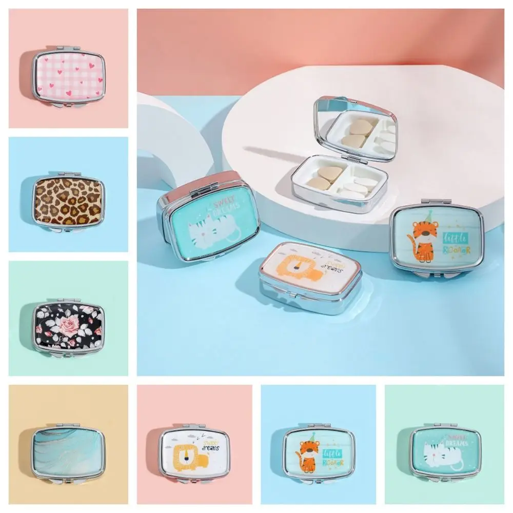 Square with HD Mirror Cartoon Animals Jewelry Box Waterproof 2 Grid Mini Pill Case Multifunctional Cute Sealed Organizer Travel