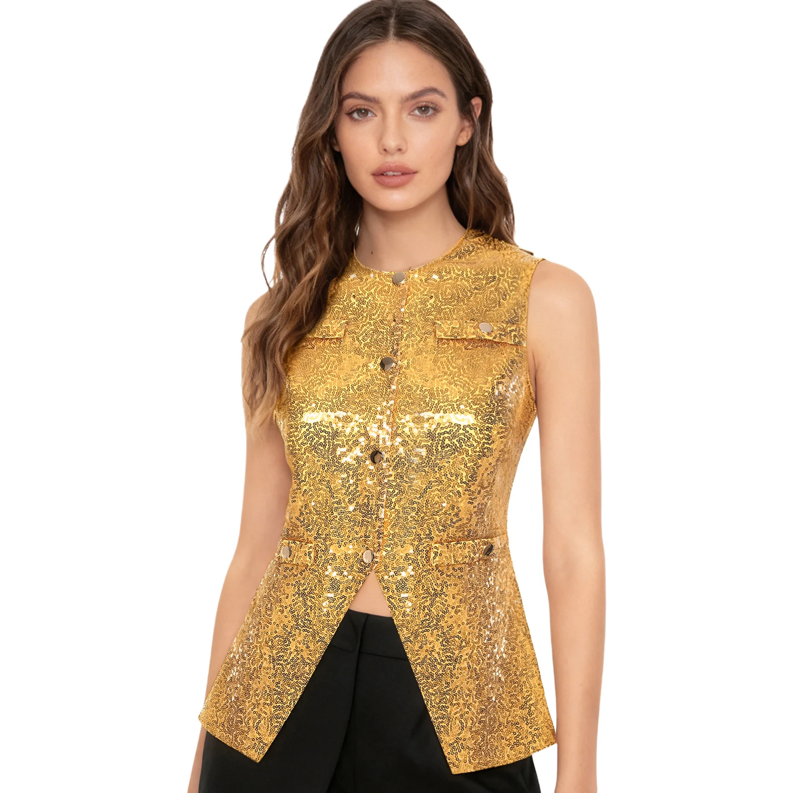 

Women 70s Disco Dance Shiny Waistcoat Allover Sequin with Soft Lining Button-down Sleeveless Vest Tank Top for Party Raves