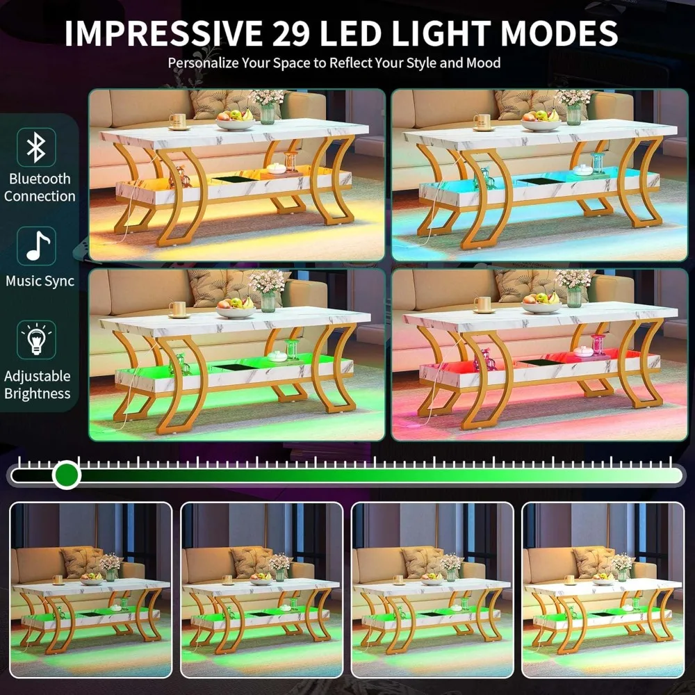 طاولات القهوة الحديثة لغرفة المعيشة طاولة القهوة الرخامية البيضاء طاولة القهوة Led مع تخزين طاولة مركزية خشبية من طبقتين
