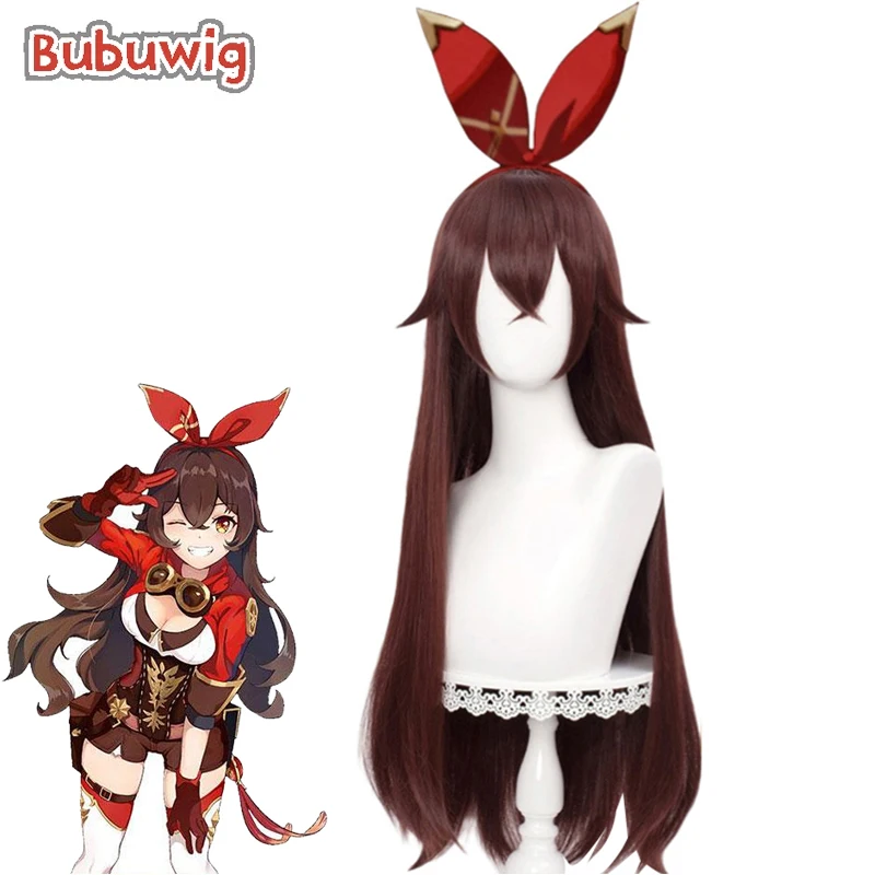 Bubuwig-Peluca de cabello sintético Genshin Impact para mujer, peluca de Cosplay ámbar de 80cm de largo, liso, marrón, para fiesta, Lolita, resistente al calor