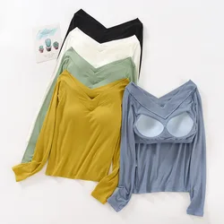 Modal Pajamas Top Women Chest Pad Casual Long Sleeve Sleepwear T-shirt V Neck Spring Autumn Sleeping One Piece Base Shirt