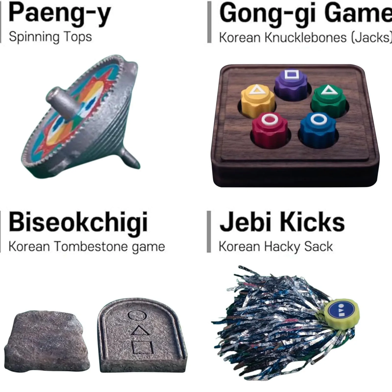 Hot Korean Folk Game Set (Korean Traditional Play Game)- Jebi Chagi, Gong-gi, Biseokchigi, Paeng-y, DDAKJI, Family Travel Games