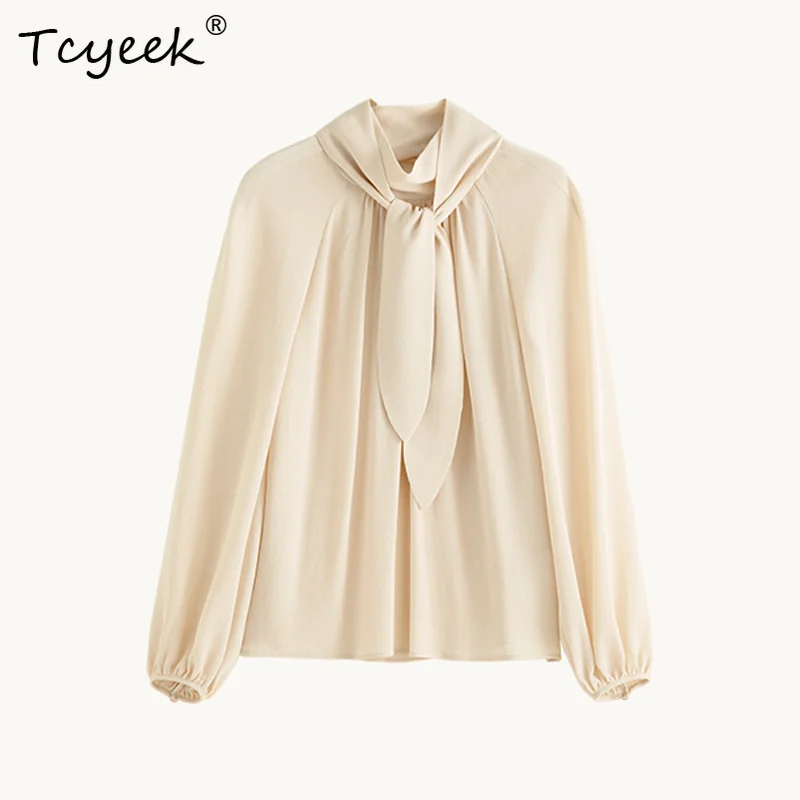 Tcyeek, 19MM 100%Mulberry Silk, Women Ribbon Collar Shirt, Long Sleeve, Fashion OL Bow Blouse, 2024 Autumn Winter Top T49810QM