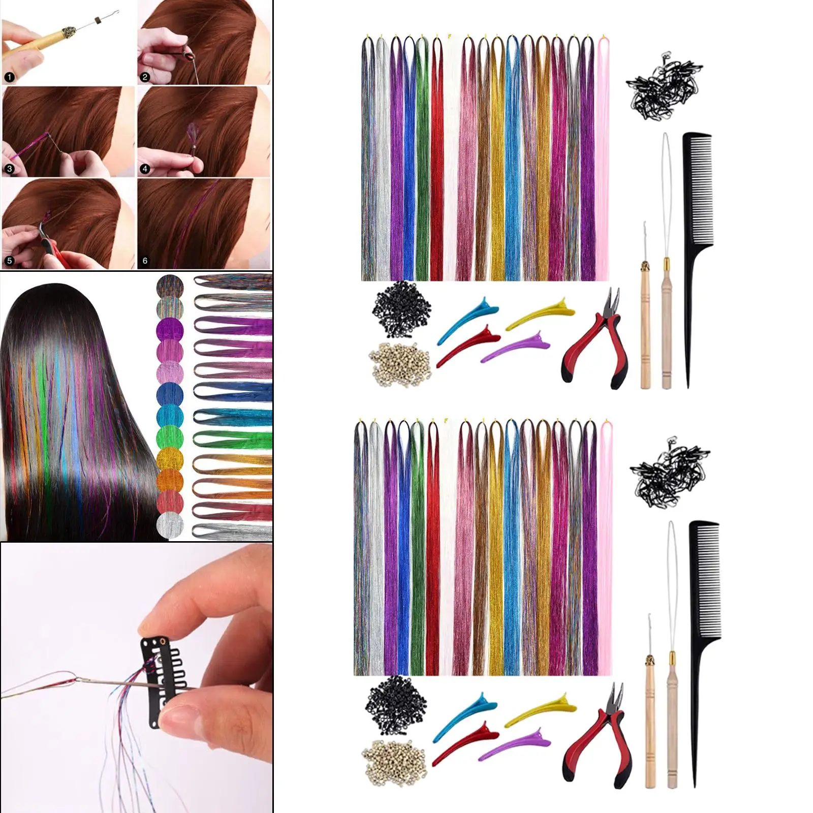 Hair Extension Tinsel Kit 12 Colors with Tools 2400 Strands Glitter Hair