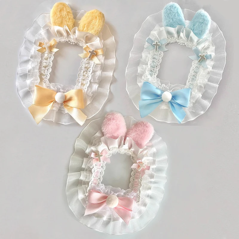 Handmade 3 Inch PVC Card Sleeve, Plush Bunny Ear Ornament, Multi‑Layer Lace Ruffle Trim, Satin Bow Decoration, Pom‑pom Ornament, Fabric Lace Card Protector, Decorative Card Holder for Photo and Collectible Card Display
