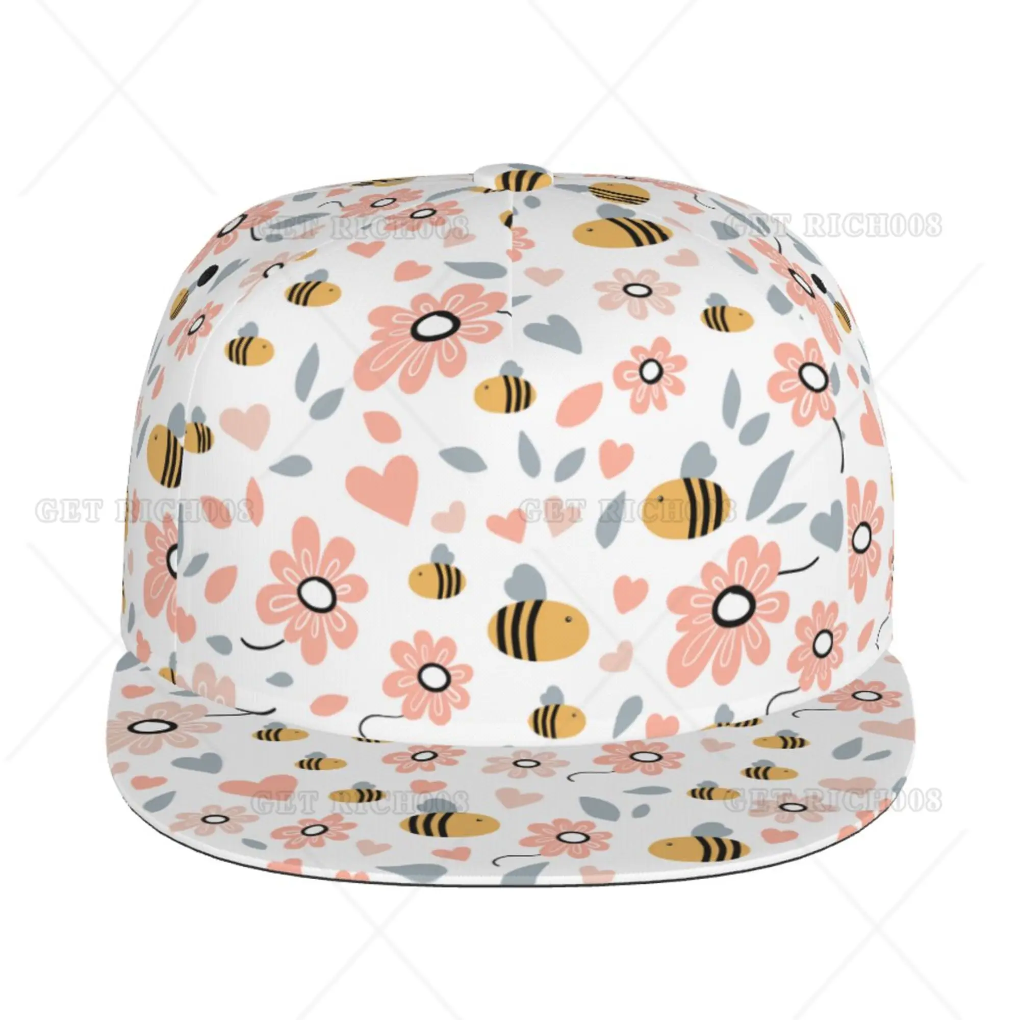 Bees and Flowers Print Baseball Cap Hip Hop Brim Sun Visor Unisex Adjustable Print One Size Running Hiking Snapback Cap